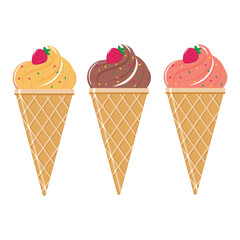 A set of ice cream in a waffle cone. Vector illustration isolated on a white background