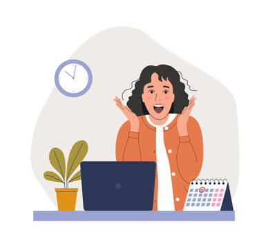 Young woman experiences fear, fright, stress before the laptop in the office. Flat style cartoon vector illustration.