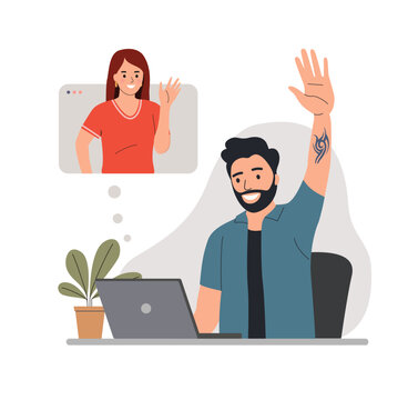 Young bearded man before the laptop chatting with woman.  Vector flat style cartoon illustration Flat style cartoon vector illustration.