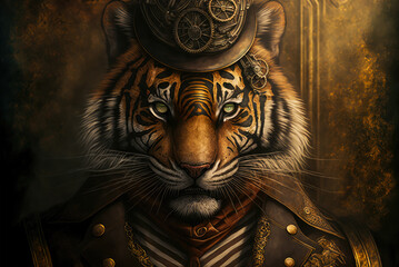 A portrait of a steampunk style tiger against brown background. Created with Generative AI.