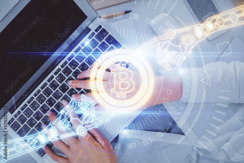 Poster double exposure of woman hands working on computer and blockchain theme hologram drawing. top view. 