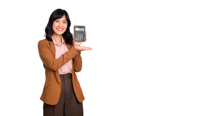 Young Asian woman holding calculator isolated on white background, Business Account and finance concept