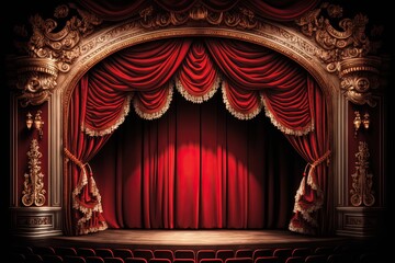 Red Curtains on Magic Theater Stage Spotlight Show - Generative AI