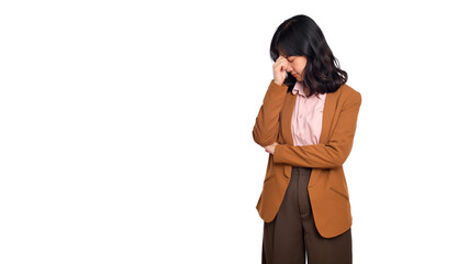 Sad office girl, asian woman sulking and frowning disappointed, standing upset and distressed...