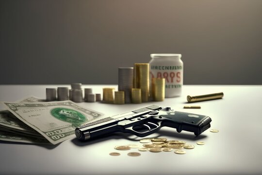A gun, money and drug on table, Generative AI