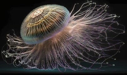  a jellyfish is floating in the water with its long tentacles.  generative ai