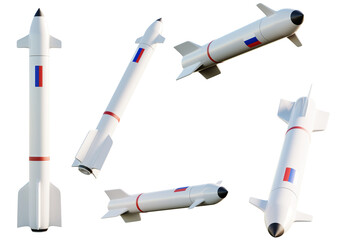 Five missiles with the Russia flag on transparent background. 3D Render
