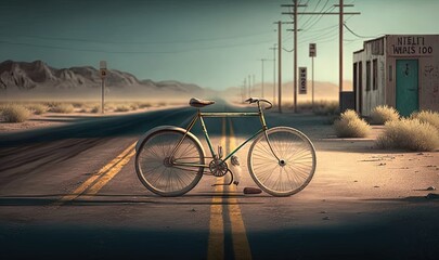  a bike is parked on the side of the road in the desert.  generative ai