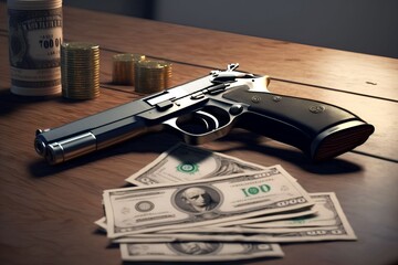 A gun, money and drug on table, Generative AI