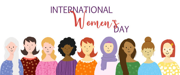 Fototapeta na wymiar Dia internacional de la mujer, grupo de mujeres unidas, alargado 