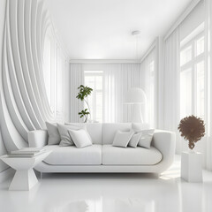 Cozy modern living room interior with white sofa and decoration room on white wall background, Generative AI
