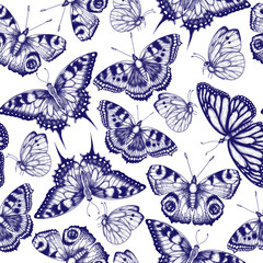 Seamless vector pattern with insects. Monarch butterfly, hive butterfly, peacock butterfly, butterfly swallowtail, pieridae in engraving style