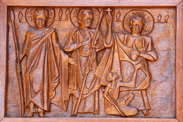 Namugongo catholic martyrs' shrine, Kampala. Church door relief. Uganda.