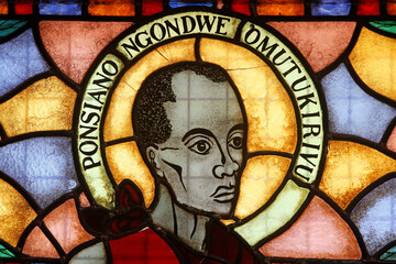 Namugongo catholic martyrs' shrine, Kampala. Stained glass in the church. Martyr. Uganda.