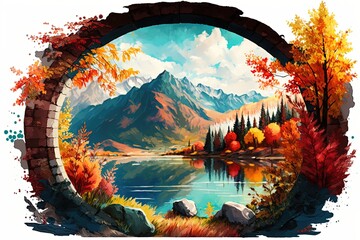 Fototapeta na wymiar Amazing Mountain and lake landscape, Paradise autumn nature, watercolor art - Generative AI