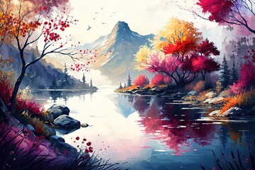 Amazing Mountain and lake landscape, Paradise autumn nature, watercolor art - Generative AI