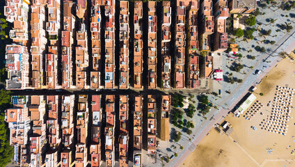 Aerial view made with a drone of la Barceloneta residential district, situated in Barcelona - Spain