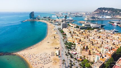 Aerial view of la Barceloneta Beach in the city of Barcelona - obrazy, fototapety, plakaty