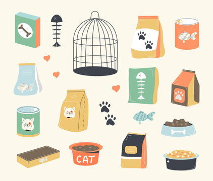 Cat and dog food vector. Canine cans, conserve of feline food. Pet shop assortment. Feeding plate. Bowl with food for pets. Wet and dry meal package.