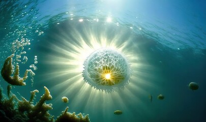 Fototapeta na wymiar an underwater view of a sunburst in the ocean. generative ai