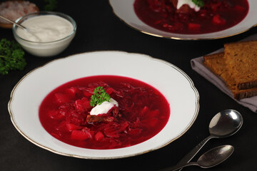 A plate with Ukrainian national dish - borsch	