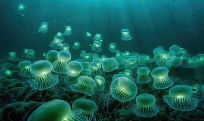  a group of jellyfish swimming in the ocean at night.  generative ai