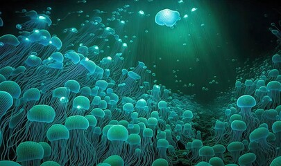  a group of jellyfish swimming in a green sea filled with water.  generative ai