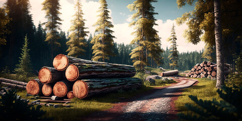 Fallen logs of trees from the forest lie on the road, transportation to the sawmill, green nature, fresh wood for construction, a path into the woods. Generative AI