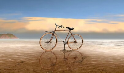 Fototapeta na wymiar a bicycle is standing on the beach with a bird on it. generative ai