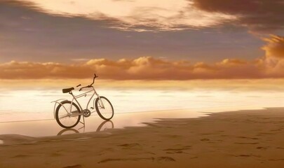 Fototapeta premium a bike is parked on the beach in the sand at sunset. generative ai