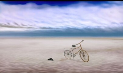 Obraz premium a bike is sitting in the sand on a cloudy day. generative ai