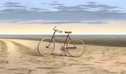 Fototapeta premium a bicycle is standing in the sand on a beach at sunset. generative ai