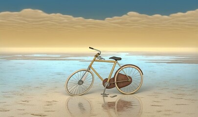 Fototapeta premium a bicycle is standing on the beach with a sky background. generative ai
