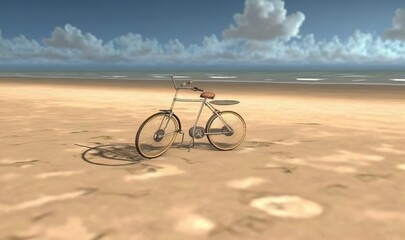  a bike is sitting on the beach in the sand with clouds in the background.  generative ai