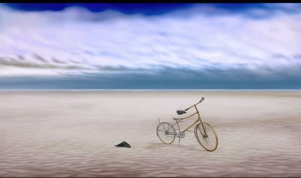  a bike is sitting in the sand on a cloudy day.  generative ai