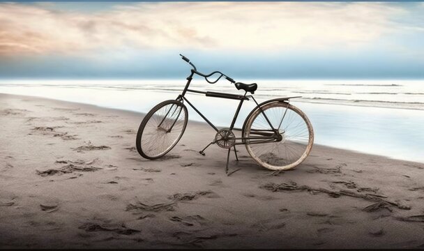  a bike parked on the beach next to the ocean with a sky background.  generative ai