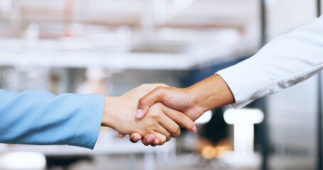 Corporate, partnership and b2b handshake of business people for professional agreement together....