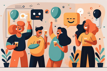 Group of happy young friends celebrate, have fun, dance at a party. Generative ai illustration