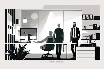 Business, finance and marketing. Illustration of working businessmen, people in a meeting at the table in a office, teamwork. Black and white image. Generative ai.