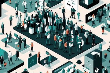 illustration of a business convention with many people. Conference forum design background. Generative AI
