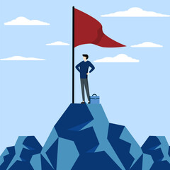 Concept of achieving the highest position or goal, goal and success by developing ambition to reach the finish line, mountain top, successful trial result, background illustration design