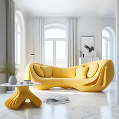Cozy modern living room interior with yellow sofa and decoration room on white wall background, Generative AI
