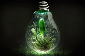 Light bulb with green plant inside, eco green energy - Generative AI illustration