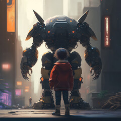 Robot at futuristic city, child stand and watching