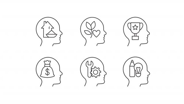 Animated mindset linear icons. Intrinsic motivation. Psychology. Mental health. Seamless loop HD video with alpha channel on transparent background. Outline motion graphic animation