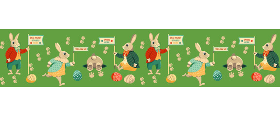 Easter egg hunt game seamless vector pattern border. Cute rabbits, bunny path, Easter eggs cartoon design element. Festive family, children fun event invitation flyer frame, background illustration
