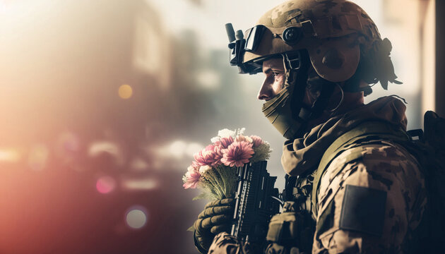 Soldier in military gear with bouquet of flowers, peace concept. generative AI