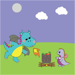 Dragon and Baby Dragon Cooking