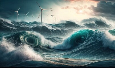  a painting of wind turbines in a stormy ocean with waves.  generative ai