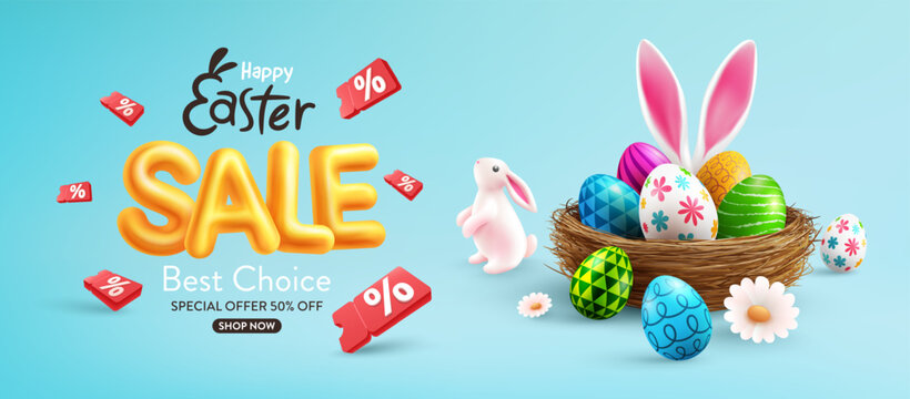 Easter poster and banner template with Colorful Easter eggs and bunny ears in the nest.Greetings and presents for Easter Day.Promotion and shopping template for Easter